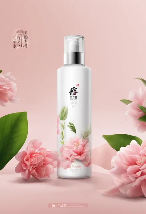 (Best quality,4K,8K,A high resolution,Masterpiece:1.2),Ultra-detailed,(Realistic,Photorealistic,photo-realistic:1.37),A close-up of a bottle of Huang Jixiu cleansing oil and a selection of flowers, Clean face and body skin, Skincare, skin care, Take a pict...