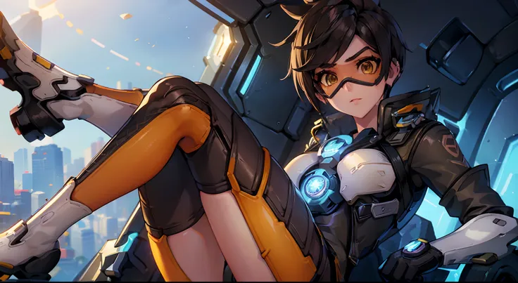 Tracer, overwatch, unparalleled beauty, pele brilhante brilhante firme e brilhante, franja entre os olhos, brilhante reta loira platinada bonita, cabelo liso e sedoso super longo, delineador, sexy bonito inocente 14 anos de idade, high definition big big c...