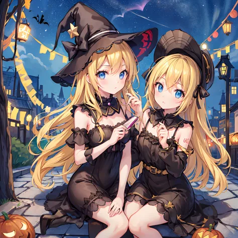 en 8K、highest qualityr、obra maestra、Ultra-detallado、Ultra-high resolution、kagamine rin 、halloween、Sombrero de bruja、una rubia、Cabello trenzado、vestido negro、hombros desnudos、escote de la mama、Makeups、sombras de ojos、Una pulsera、Ciudad medieval、Sit on the r...