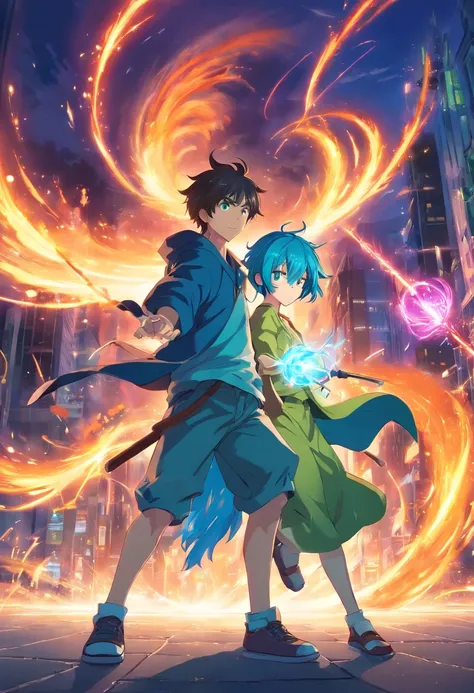 This is an anime where the protagonist is fighting with his most wicked enemy who is a wizard and being all full of blood and the protagonist is a crazy blue-haired green eyes with his faithful squire and his pet