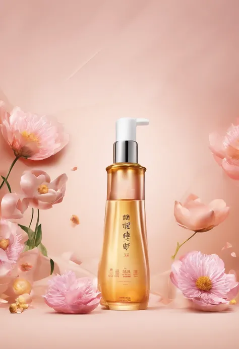 (Best quality,4K,8K,A high resolution,Masterpiece:1.2),Ultra-detailed,(Realistic,Photorealistic,photo-realistic:1.37),A close-up of a bottle of huangjisoo cleansing oil and a selection of flowers, Clean face and body skin, Skincare, skin care, Take a pictu...