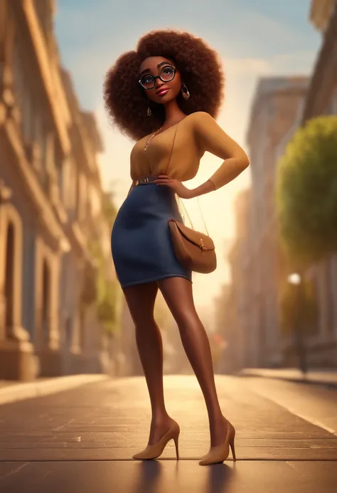 Cartoon character of a black woman with medium brown curly hair with long golden tips, up to waist height, nariz largo,  with black glasses and a Wicca dress, animation character, Caractere estilizado, animation style rendering, 3D estilizado, Arnold Maya ...