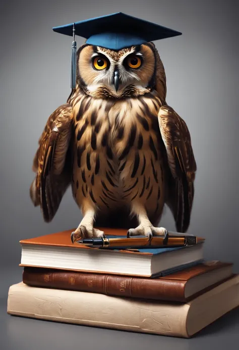 Logo, Owl on books. Around the owl calculator, pens and pencils. Owl in an academic cap. whitebackground, A kind look