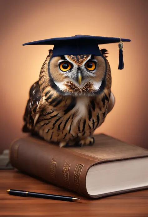 Logo, Owl on books. Around the owl calculator, pens and pencils. Owl in an academic cap. whitebackground, A kind look