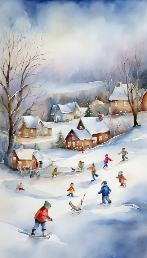 a painting. winter. Kids playing snowballs, Making snowmen, Sledding down the hill, Ice skating on the skating rink. Trees in the snow. Frosty Day