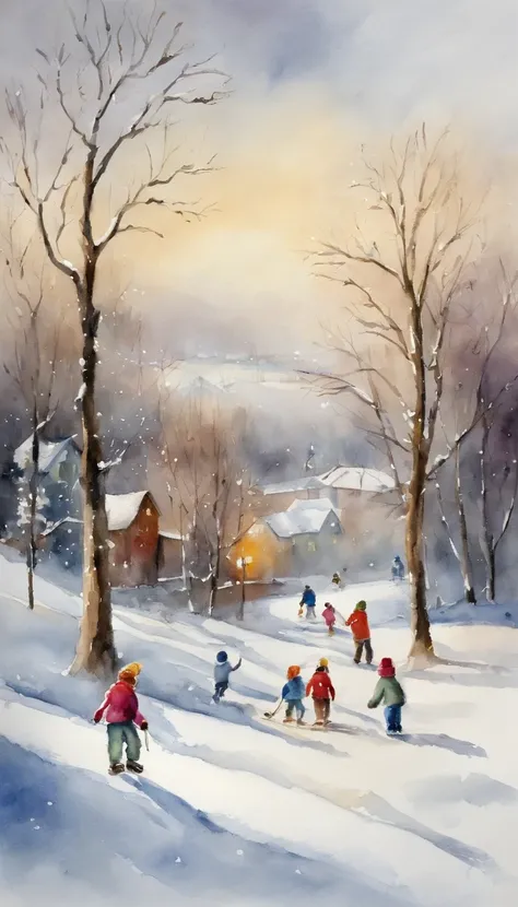 a painting. winter. Kids playing snowballs, Making snowmen, Sledding down the hill, Ice skating on the skating rink. Trees in the snow. Frosty Day