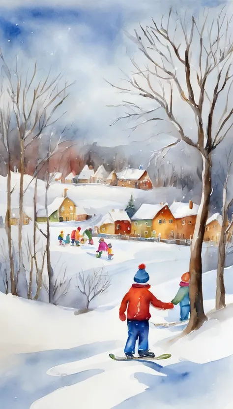 a painting. winter. Kids playing snowballs, Making snowmen, Sledding down the hill, Ice skating on the skating rink. Trees in the snow. Frosty Day