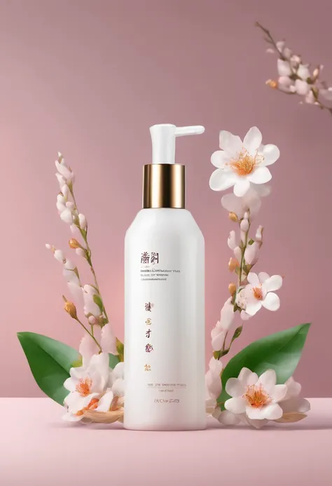 (Best quality,4K,8K,A high resolution,Masterpiece:1.2),Ultra-detailed,(Realistic,Photorealistic,photo-realistic:1.37),A close-up of a bottle of Huang Jixiu cleansing oil and a selection of flowers, Clean face and body skin, Skincare, skin care, Take a pict...