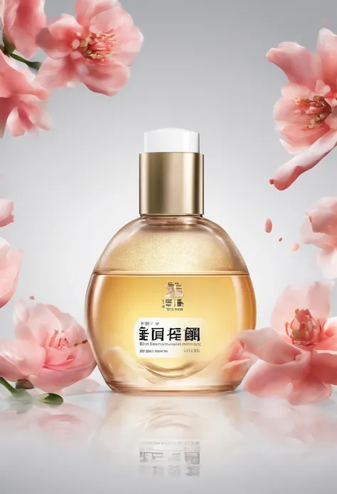 (Best quality,4K,8K,A high resolution,Masterpiece:1.2),Ultra-detailed,(Realistic,Photorealistic,photo-realistic:1.37),A close-up of a bottle of Huang Jixiu cleansing oil and a selection of flowers, Clean face and body skin, Skincare, skin care, Take a pict...