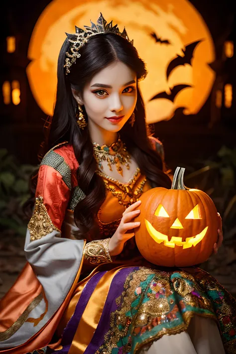 A stunning Halloween costume for a female character, featuring a meticulously crafted full-body ensemble. The costume showcases intricate details, vibrant colors, and an eye-catching design. The character is depicted sitting gracefully, holding a beautiful...