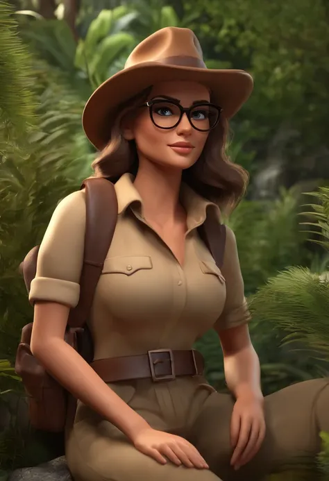 personagem estilo pixar de 2 pessoas homem e mulher, casal, The man with black glasses and hat, jovem, barba curta e cabelos escuros, olhos castanhos escuros, carregando equipamentos de aventura com mochila nas costas, estilo indiana Jones, a mulher estilo...