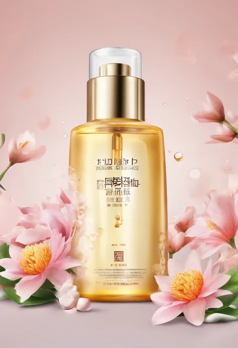 (Best quality,4K,8K,A high resolution,Masterpiece:1.2),Ultra-detailed,(Realistic,Photorealistic,photo-realistic:1.37),A close-up of a bottle of Huang Jixiu cleansing oil and a selection of flowers, Clean face and body skin, Skincare, skin care, Take a pict...