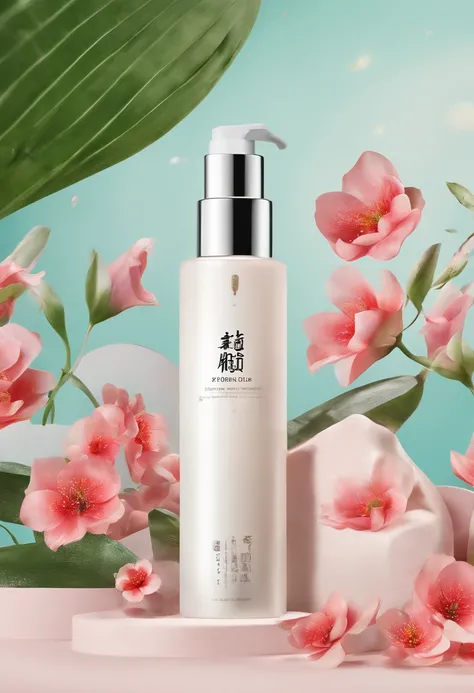 (Best quality,4K,8K,A high resolution,Masterpiece:1.2),Ultra-detailed,(Realistic,Photorealistic,photo-realistic:1.37),A close-up of a bottle of Huang Jixiu cleansing oil and a selection of flowers, Clean face and body skin, Skincare, skin care, Take a pict...