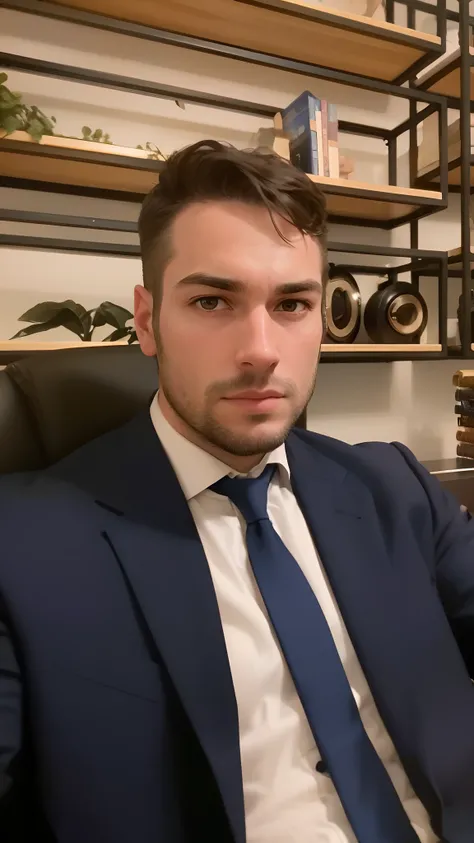 Portrait of a 30 year old man in suit and tie sitting on a black leather chair, Office, body and head straight in the photo and facing the viewer of the photo, Office, eyes staring at the lens, appear shoulders and head in the photo, man centered in the ph...