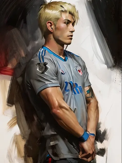 Homem Soccer Player face, style greg rutkowski realist, style anime, Japanese 17 years, cabelo platinado, com tatuagens