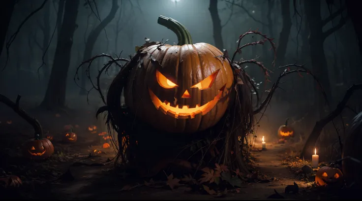 there is a scary pumpkin with glowing eyes in the woods, spooky halloween theme, jack - o- lantern, halloween theme, halloween atmosphere, spooky and scary atmosphere, spooky halloween night, pumpkin head, halloween celebration, background artwork, scary n...