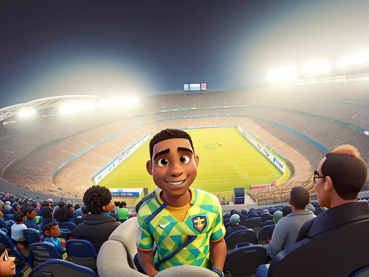 homem negro careca em estadio de futebol estilo disney pixar, alta qualidade, melhor qualidade.