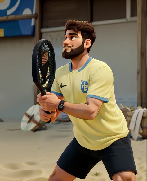 22 year old man with a beard playing a beach game holding a racket. Disney Pixar style, in high resolution and with lots of detail.