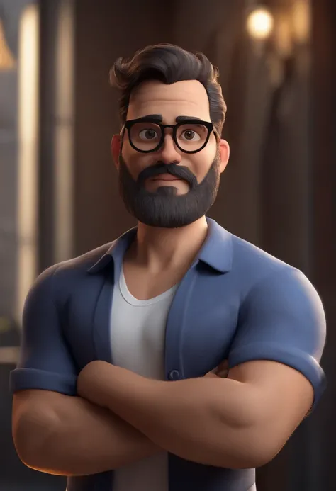 Cartoon character of a man wearing black glasses, com barba na cor branca, rosto redondo e uma camisa azul, um personagem animado, Caractere estilizado, animation style rendering, 3D estilizado, Arnold Maya render, 3 d render stylized, toon render keyshot,...