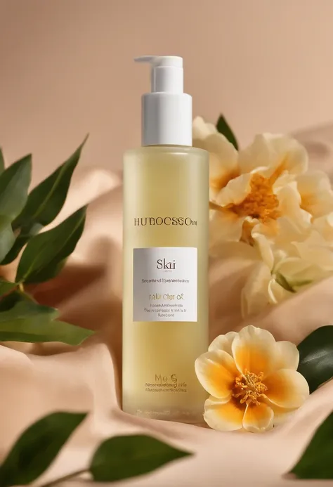 (Best quality,4K,8K,A high resolution,Masterpiece:1.2),Ultra-detailed,(Realistic,Photorealistic,photo-realistic:1.37),One bottle（huangjisoo）Close-up of cleansing oil and selected flowers, Clean face and body skin, Skincare, skin care, Take a picture of you...