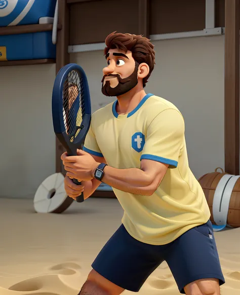 Homem de 22 anos com barba jogando um jogo de praia segurando uma raquete. Estilo Disney Pixar, in high resolution and with a lot of detail.