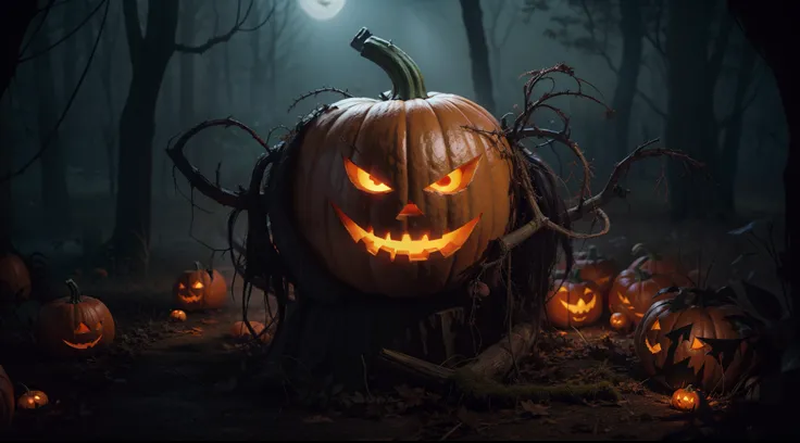 there is a scary pumpkin with glowing eyes in the woods, spooky halloween theme, jack - o- lantern, halloween theme, halloween atmosphere, spooky and scary atmosphere, spooky halloween night, pumpkin head, halloween celebration, background artwork, scary n...