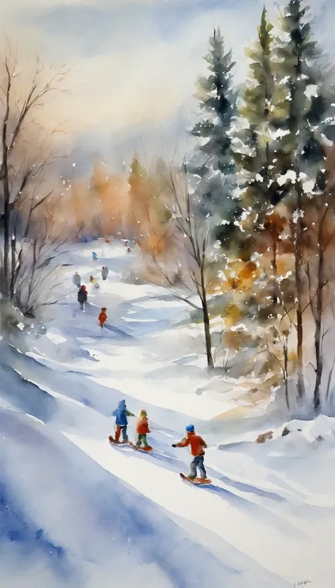 a painting. winter. Kids playing snowballs, Making snowmen, Sledding down the hill, Ice skating. Ice rink. Trees in the snow. Pine trees in the snow. Frosty Day. The city.