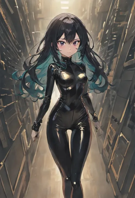 a woman name Sarah Amanah, Woman with long black hair,wear leather catsuit, Full-body image, 8K, A masterpiece, the most detailed, the highest quality, the perfect look, act as a coach, side of the field in stadium