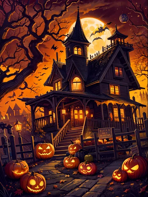 (best quality,4k,8k,highres,masterpiece:1.2),ultra-detailed,realistic,Halloween illustration,spooky atmosphere,dark shadows,ominous lighting,creepy characters,pumpkin lanterns,Haunted House,misty graveyard,full moon,witch flying on a broomstick,bats flutte...