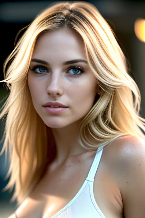 gorgeous woman with extra long wavy blonde hair, detailed alluring eyes, long sexy legs, wearing jarretels, bikini, t-shirt, ((detailed facial features)), (finely detailed skin), pale skin, realistic skin texture, extreme skin details, (pores:0.1), in the ...