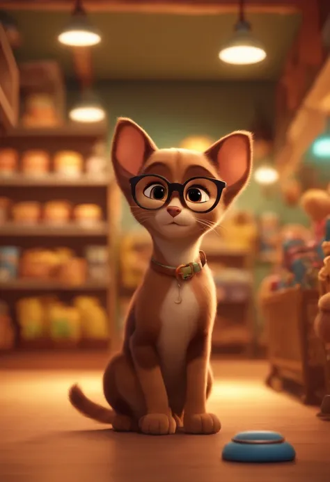 Create a pixar-style character inside a pet shop with light brown skin, straight dark brown hair, brown eyes, wearing square glasses