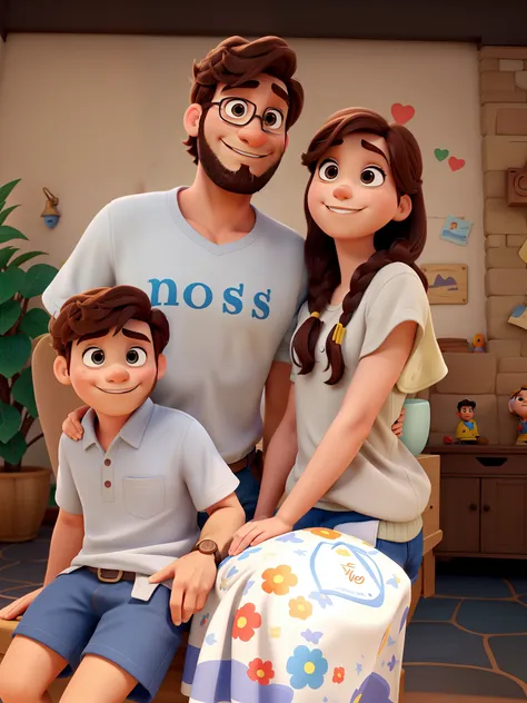 Um homem de barba, A child and a woman in the style of Disney Pixar, alta qualidade, melhor qualidade