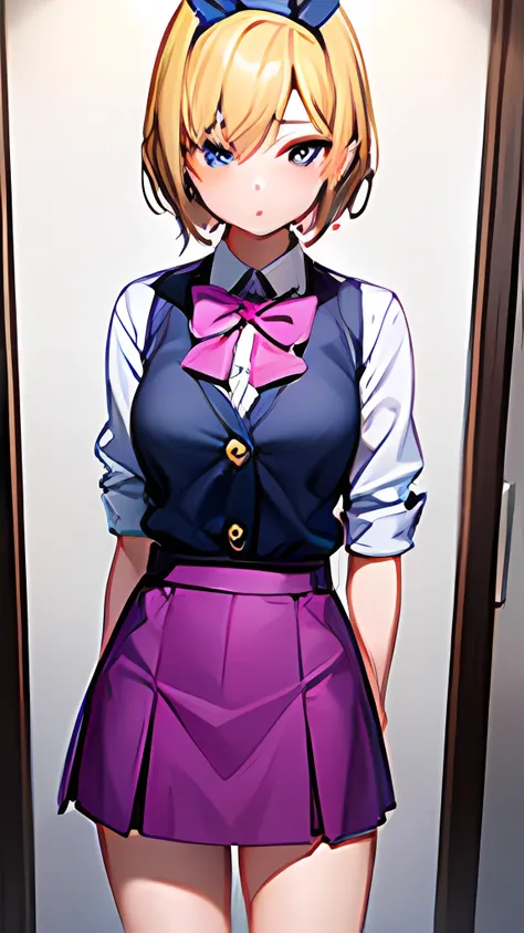 23 year old girl with short yellow hair and a bow tie shaped headband, wearing a blue shirt, a pink vest, short magenta skirt and magenta boots standing in front of mirror