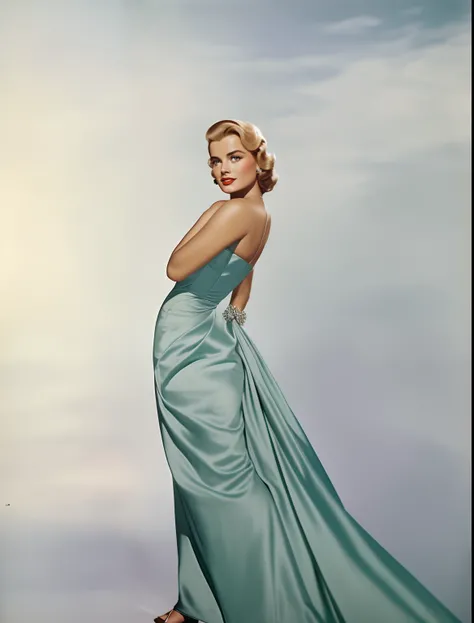 mulher arafed em um vestido verde posando para uma foto, Kelly Grace, senhora semi-virada em vestido de noite, pose elegante e deslumbrante, retrato do vestido azul claro, por volta de 1958, 1 9 5 0 s estilo, usando um vestido de noite, Directed by: Dean E...