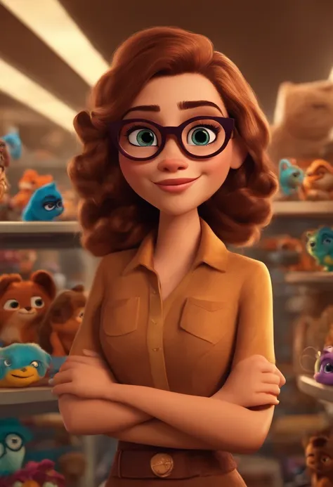 Crie um personagem feminino no estilo pixar dentro de um pet shop com pele marrom clara, cabelo castanho escuro liso, olhos castanhos, wearing square glasses