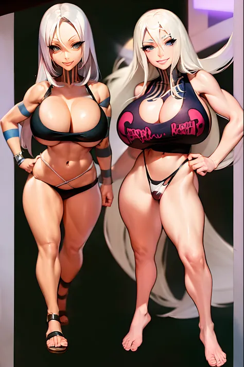 anime manga illustration katopunk 1girl, (leaning forward downblouse), (white hair), instagram katopunk  cleavage, detailed cute mature face,  breasts, perfect anatomy, thigh, navel, athletic shorts, smile,happy, (tank top), (thigh_gap), thick, wide waist,...