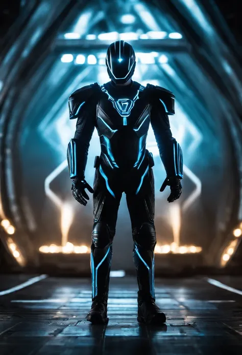 Tron Combined with Warhammer , tron legacy, battle pose, crystal clear image, intricate details, close up, battle scars, black and Blue themed, simulation world,