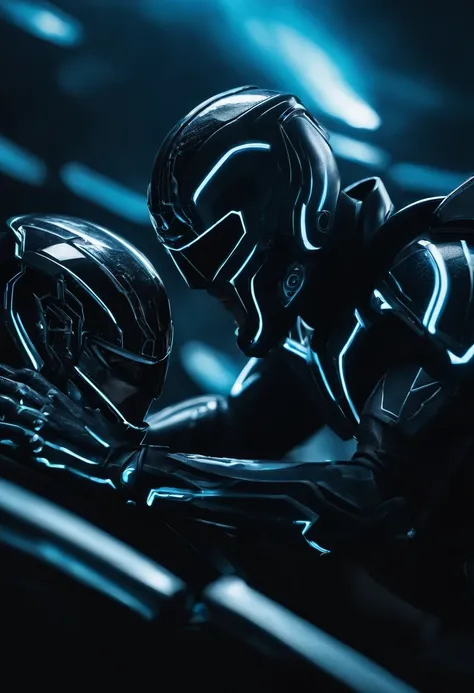 Tron Combined with Warhammer , tron legacy, battle pose, crystal clear image, intricate details, close up, battle scars, black and Blue themed, simulation world,