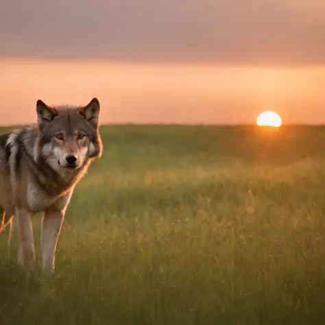 Lone wolf，grassy fields，the sunset