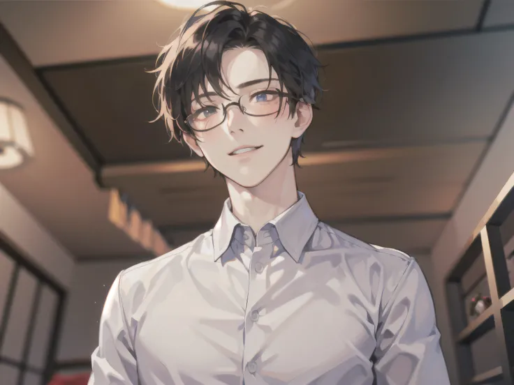 masuter piece,Best Quality,Shirt Men,独奏,ember manly,Glasses Boys,moody,Hairstyle mashed,Angle from below,a bed,ムラムラ,Impatient,Psychopath Smile,Hair over one eye, hands on own face, blush, Shy,Background is a hotel room,natta