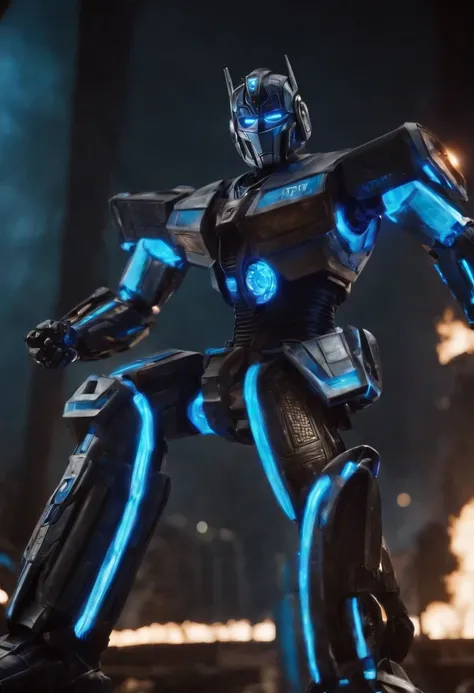 Tron Combined with Optimus Prime transformer, tron legacy, battle pose, crystal clear image, intricate details, close up, battle scars, black and Blue themed, simulation world, 50ft tall