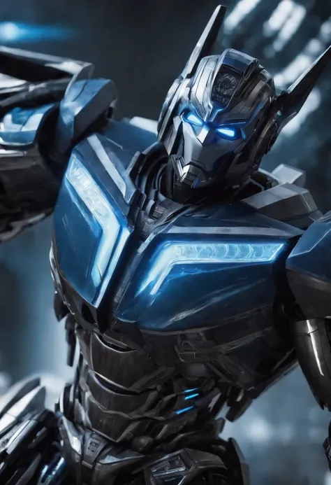 Tron Combined with Optimus Prime transformer, tron legacy, battle pose, crystal clear image, intricate details, close up, battle scars, black and Blue themed, simulation world, 50ft tall