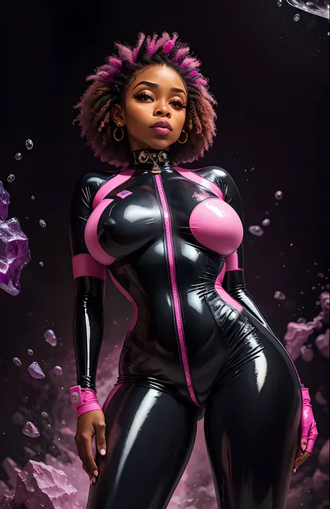 Black woman in latex jumpsuit in black colors, cinza chumbo e rosa. muito brilhante. olhar sedutor, Waist around the neck, pele muito escura, plaits, ultrarrealista, 8k, Super Detalhe, Suffocating slavery, (best quality), Intense angle a pink magma backgro...