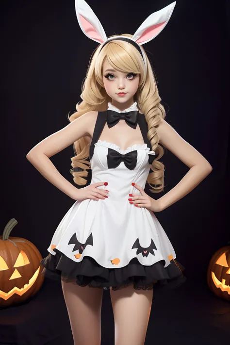 Girl in bunny Halloween costume, with bunny headband, blonde long hair Emo Pin up Girl, bunny tail, halloween dress, Striking a pose, natural make up, skinny girl, innocent, night in a grave