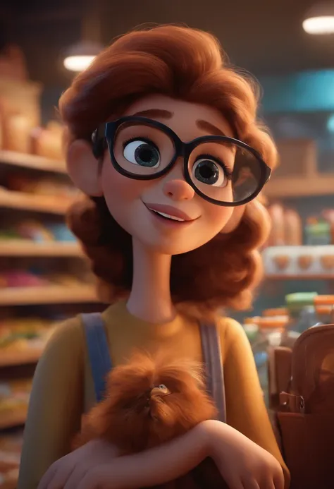 Crie um personagem feminino no estilo pixar dentro de um pet shop com pele marrom clara, o cabelo e extra liso e preto, olhos castanhos, wearing square glasses