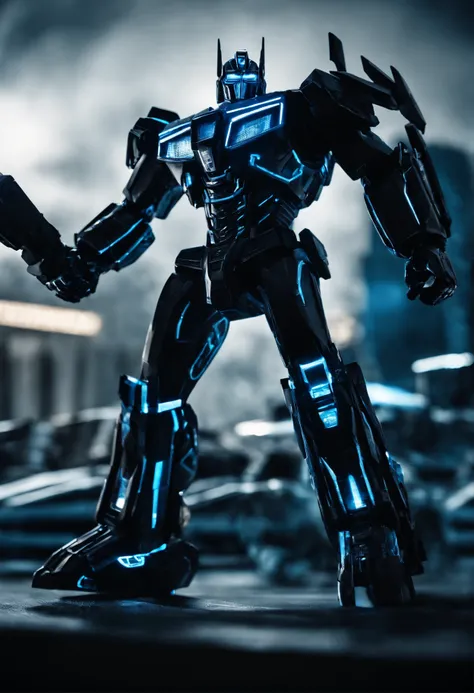 Tron Combined with Optimus Prime transformer, tron legacy, battle pose, crystal clear image, intricate details, close up, battle scars, black and Blue themed, simulation world,