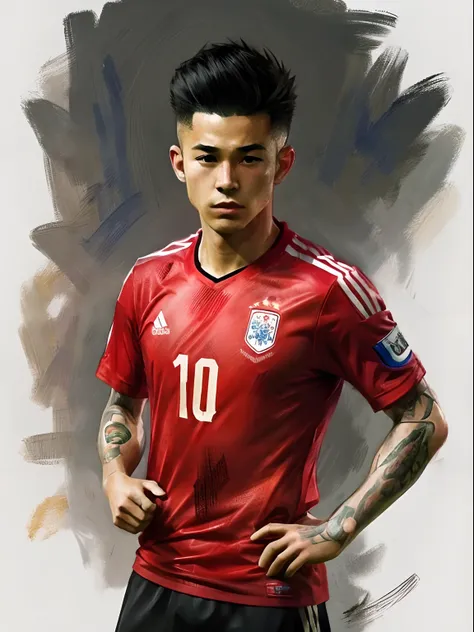 Homem Soccer Player face, style greg rutkowski realist, style anime, Japanese 18 years old with various tattoos