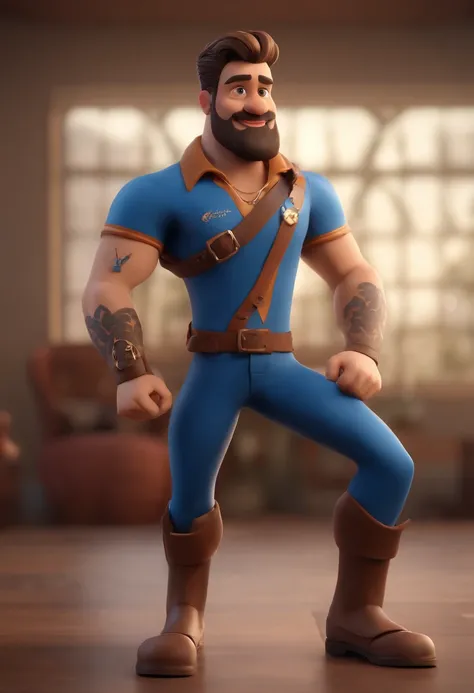 Personagem de desenho animado de um homem com uma camisa polo azul, straight back pulled hair, With a short beard and a scorpion tattoo on his arm, animation character, Caractere estilizado, animation style rendering, 3D estilizado, Arnold Maya render, 3 d...