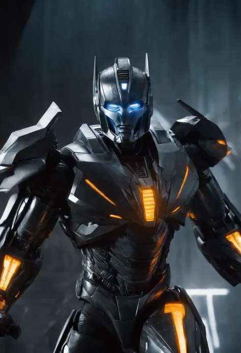 Tron Combined with Megatron transformer, tron legacy, battle pose, crystal clear image, intricate details, close up, battle scars, black and amber themed, simulation world, 50ft tall