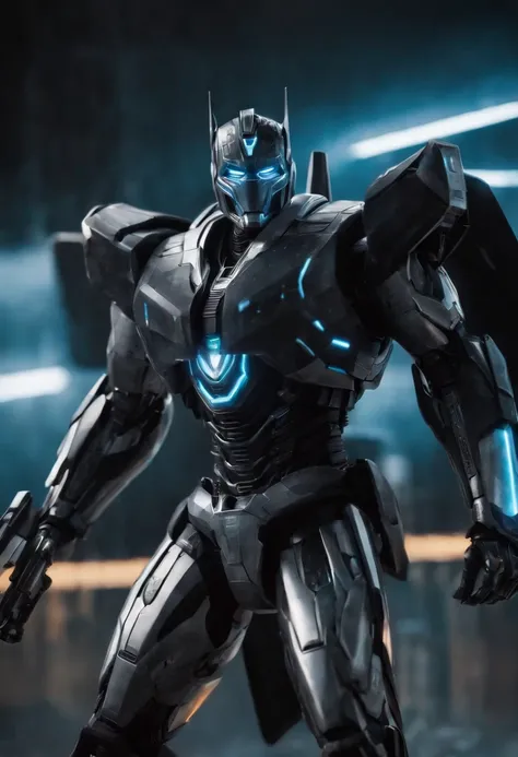 Tron Combined with Megatron transformer, tron legacy, battle pose, crystal clear image, intricate details, close up, battle scars, black and amber themed, simulation world, 50ft tall